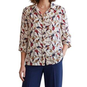 Vintage Koret White Tassel Print Long Sleeve Career Royal Preppy Blouse Size 16